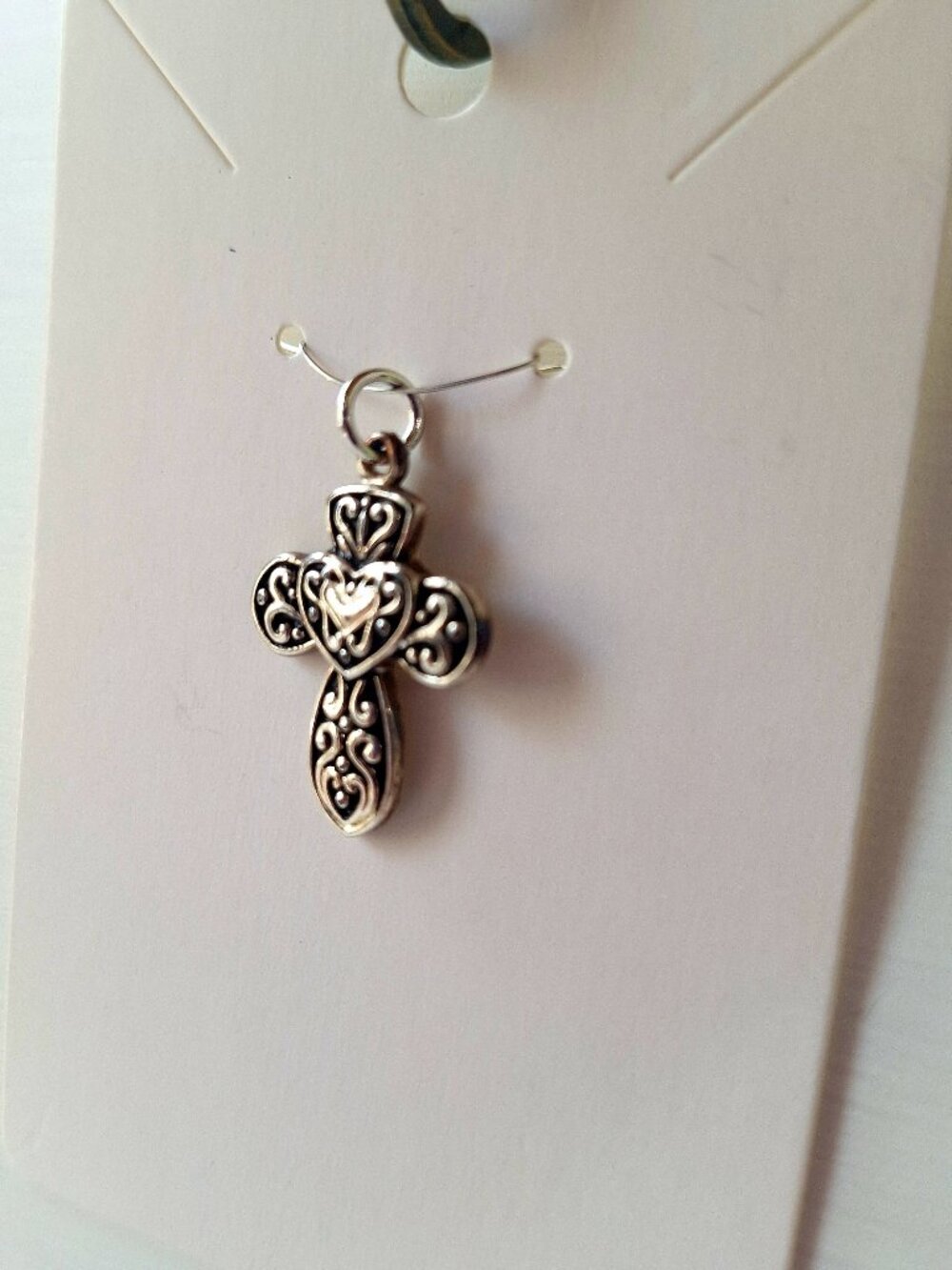 Vintage Ornate Silver Cross Pendant with Heart Motif – Filigree Design – 1990s